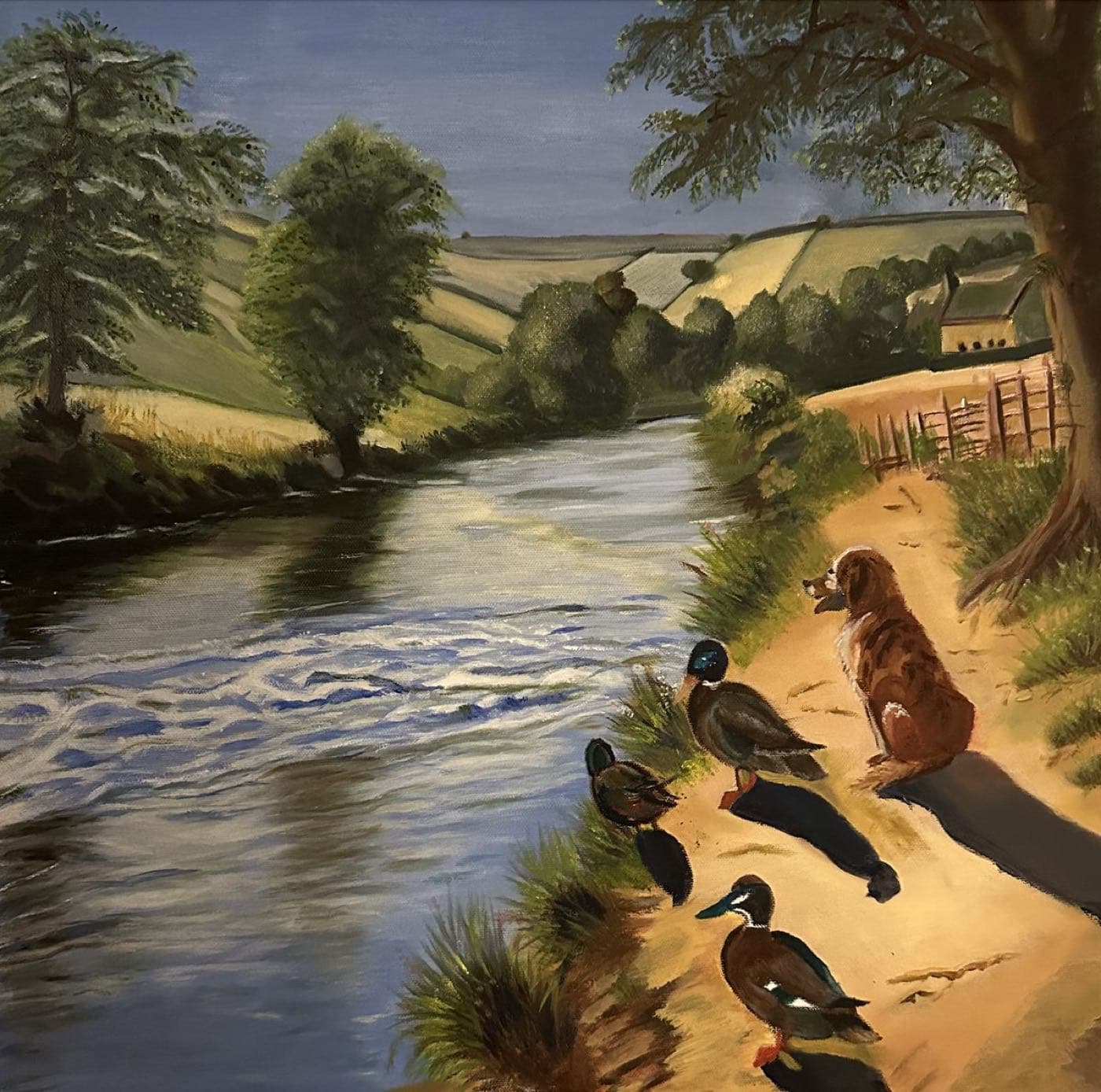 Dog and Ducks by a River — Oil on Canvas