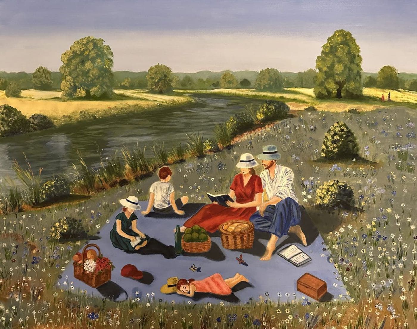 Family Picnic by a River — Oil on Canvas