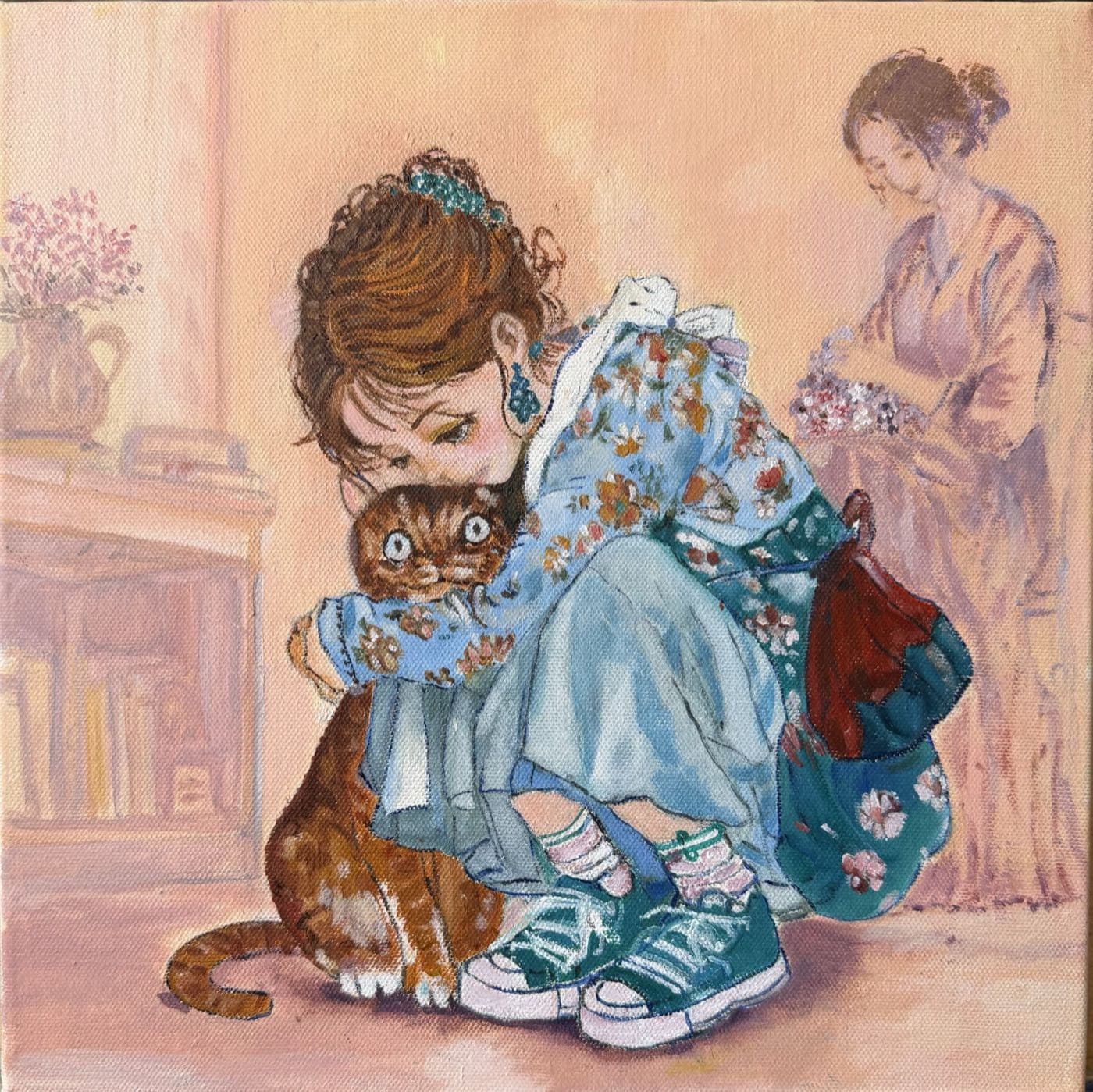 Girl Hugging Her Cat — Oil on Canvas