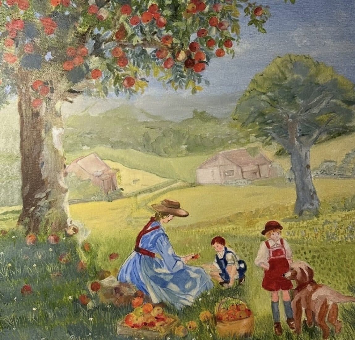 Mother and Children Picking Apples — Oil on Canvas