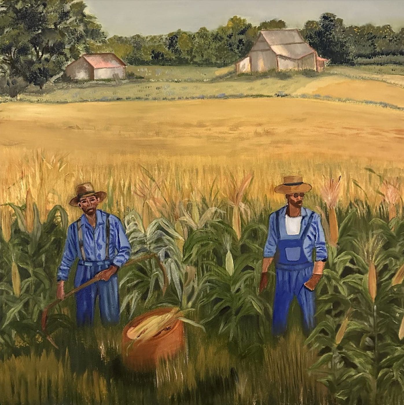 Two Farmers in a Cornfield — Oil on Canvas