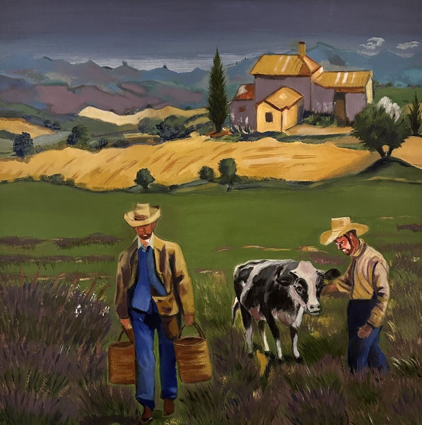 Two Farmers with a Cow — Oil on Canvas