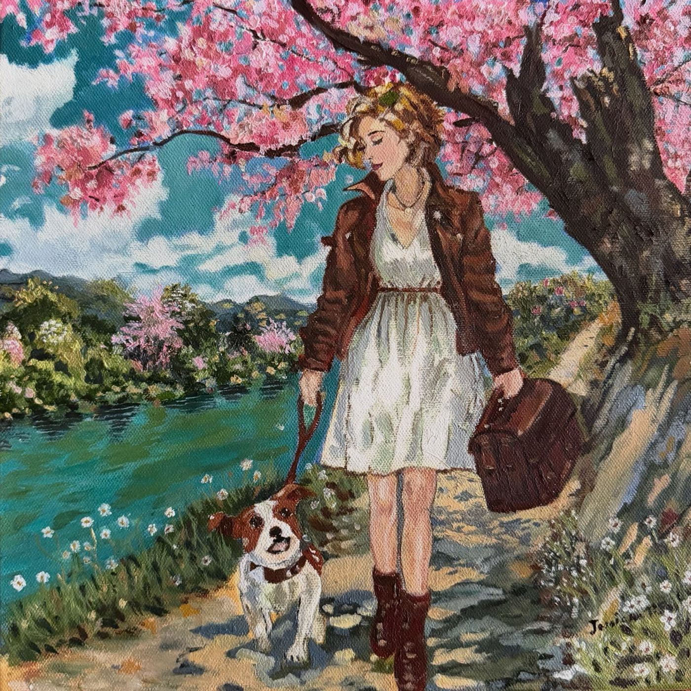 Walking the Dog Under the Cherry Blossoms — Oil on Canvas
