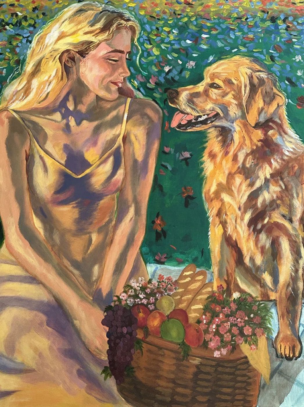 Woman with Golden Retriever — Oil on Canvas